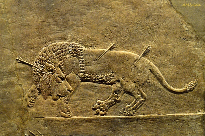 Airios, rey Asurbanipal, león herido, conjunto escultórico de su Palacio en Nínive